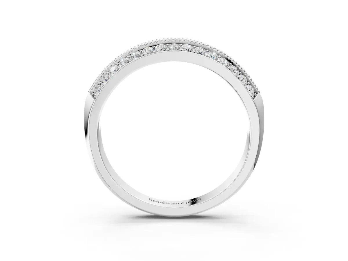 Double Row Pavé Round Diamond White Gold Band with Shared Prong Setting Platinum