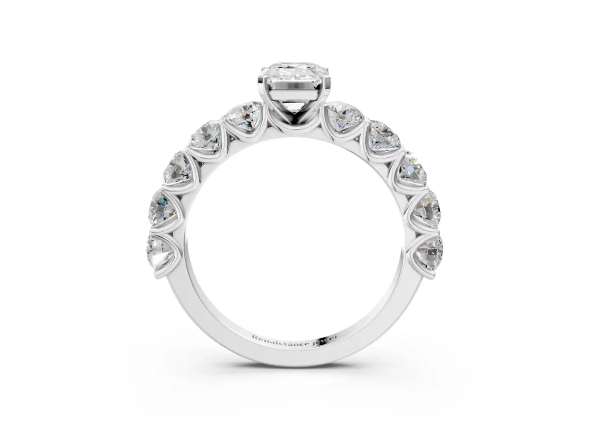 Emerald Cut Diamond Prong Setting with Side Stones on a Pave Band Silver