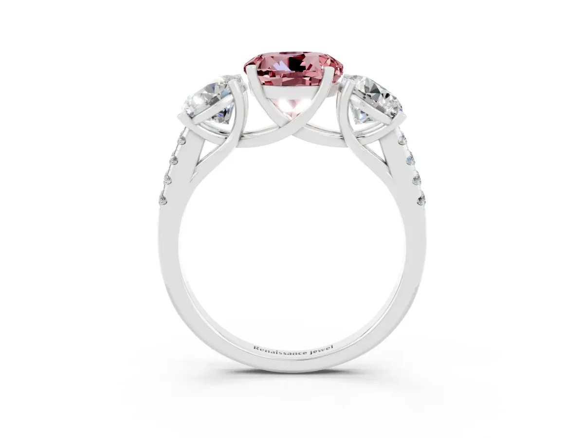 Three-Stone Round Cut Morganite Ring with Round Pavé Band and Prong Setting Silver