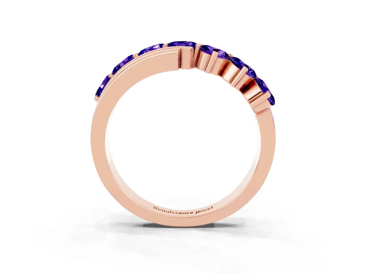 Round Tanzanite Wave Band with Channel and Shared Prong Setting Rose gold