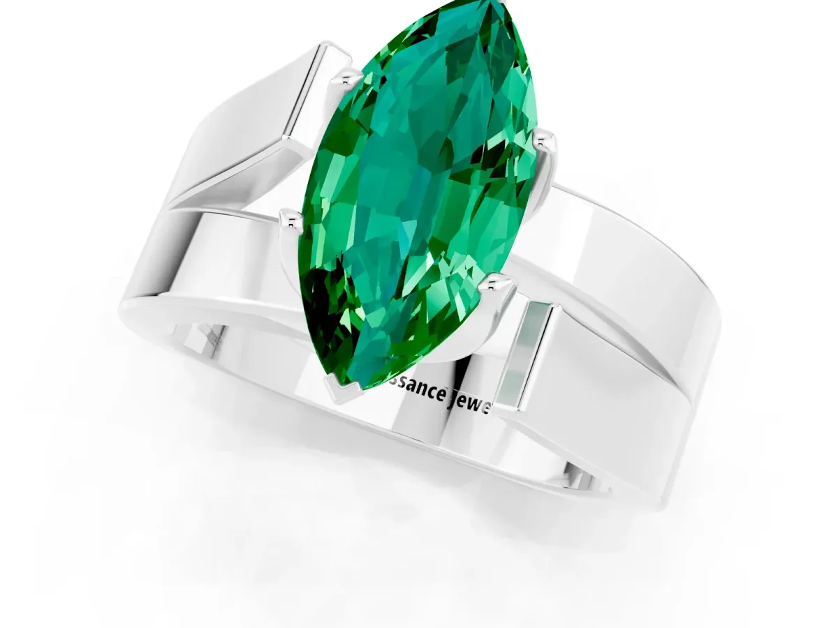 Modern Tension Set Marquise Cut Emerald Solitaire Wide Band Ring Silver