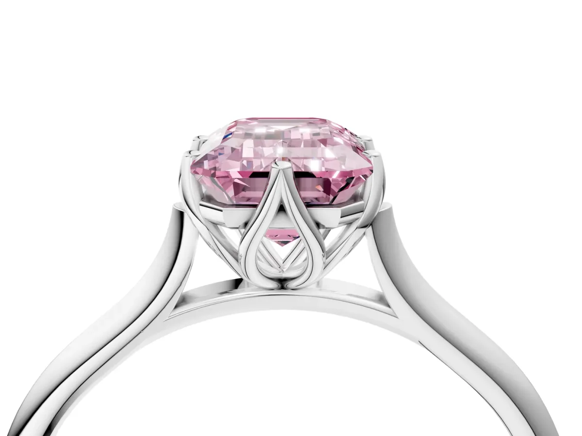 Fancy Pink Emerald Cut Solitaire Cathedral Diamond Ring with Six-Prong Setting Silver