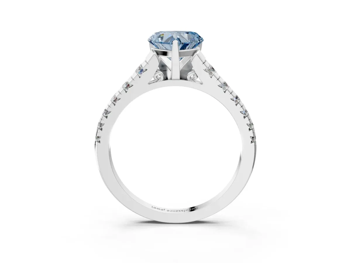 Fancy Blue Heart Cut Diamond Cathedral Solitaire Ring with Round Pavé Band Silver