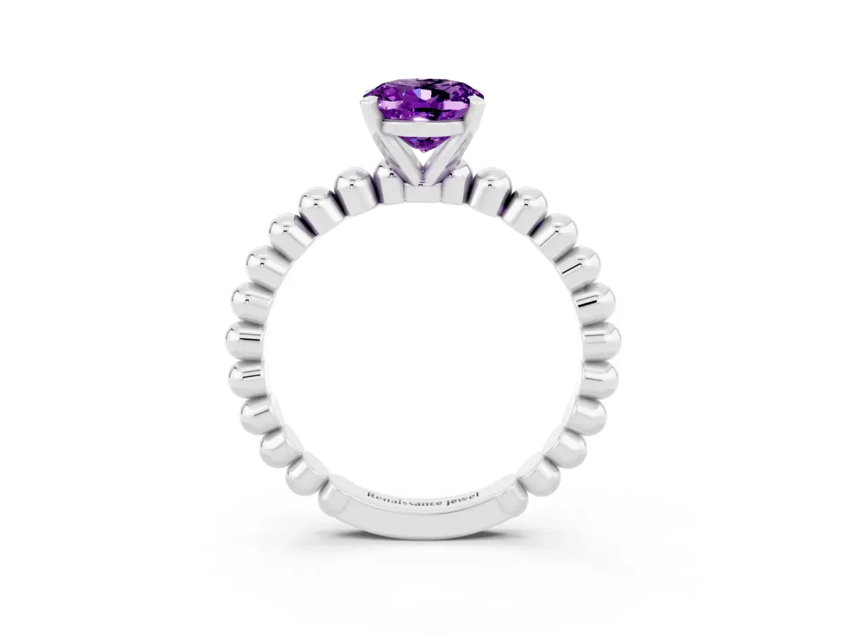 Oval Cut Amethyst Solitaire Ring with Beaded Band and Prong Setting Silver