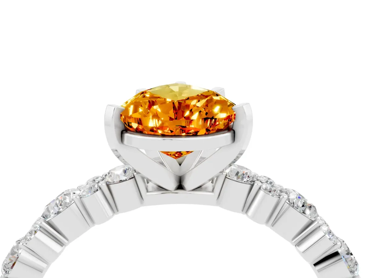 Pear Cut Citrine Side Stone Solitaire Ring with Round and Four-Prong Setting White gold