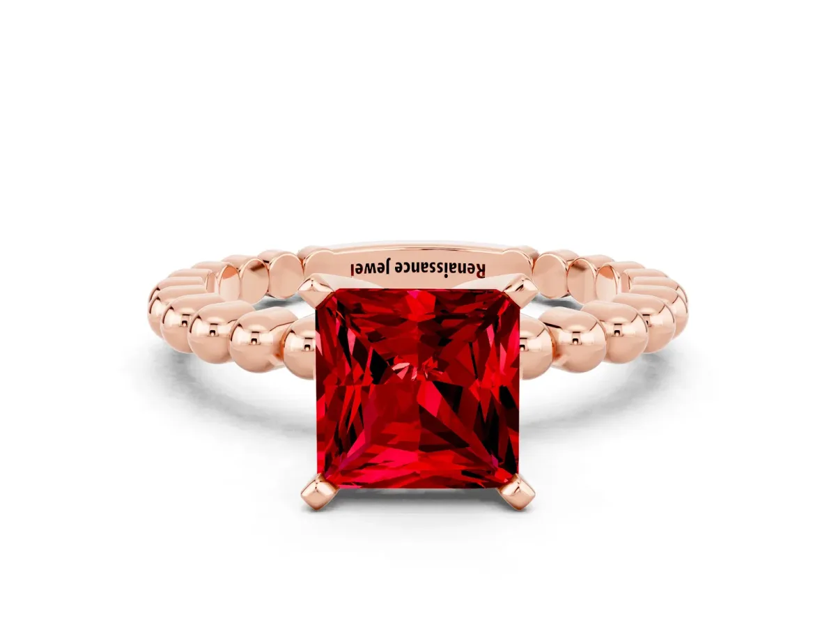Princess Cut Ruby Solitaire Ring with Beaded Band and Prong Setting Rose gold