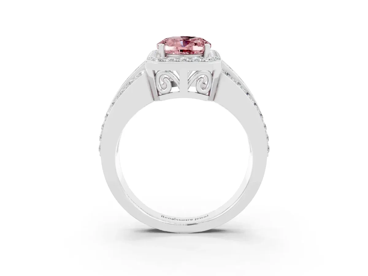 Oval Cut Halo Morganite Ring with Round Split Shank and Prong Setting Silver