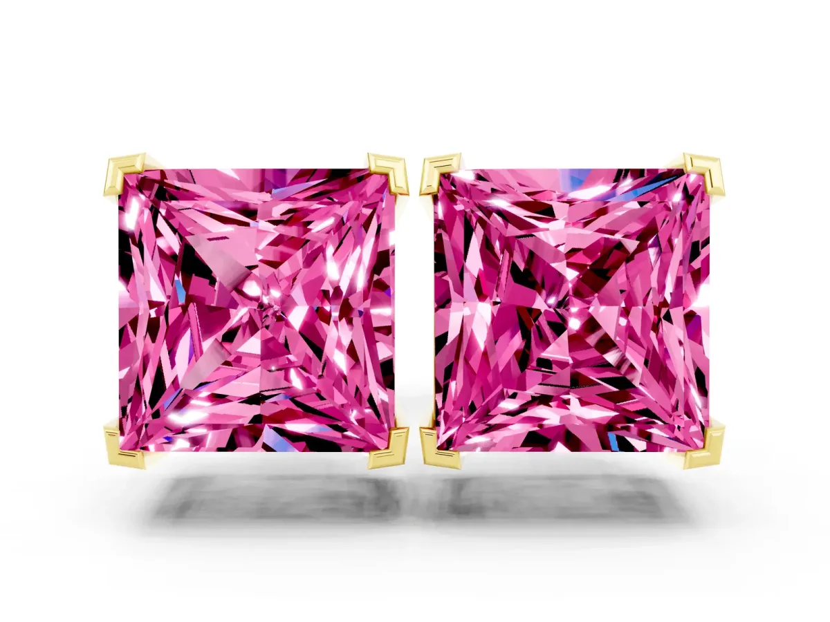 Princess Cut Pink Sapphire Stud Earrings Yellow gold