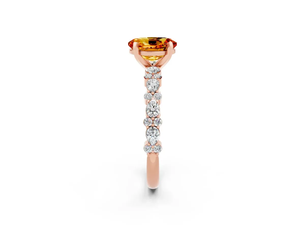 Oval Cut Citrine Side Stone Solitaire Ring with Round and Four-Prong Setting Rose gold