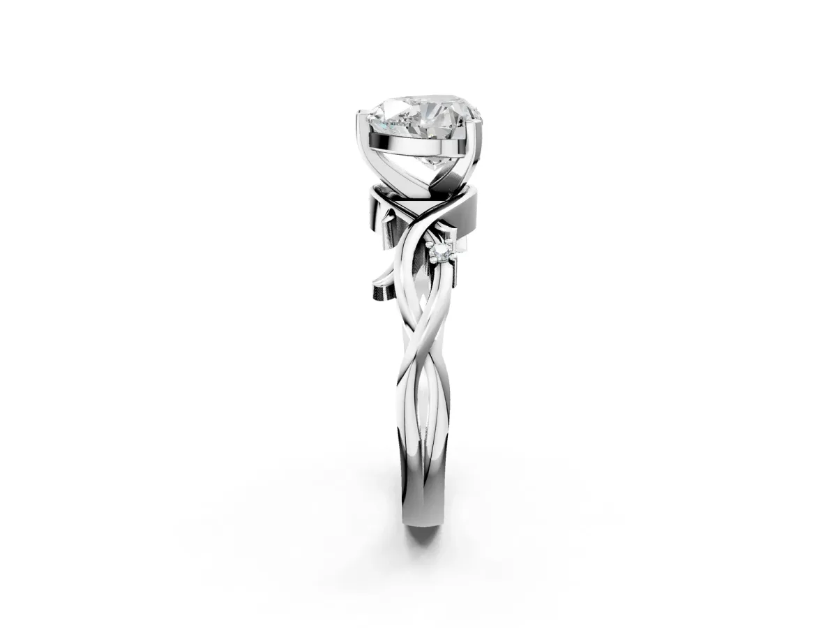 Heart Cut Diamond Solitaire Ring with Twisted Band and Prong Setting Silver