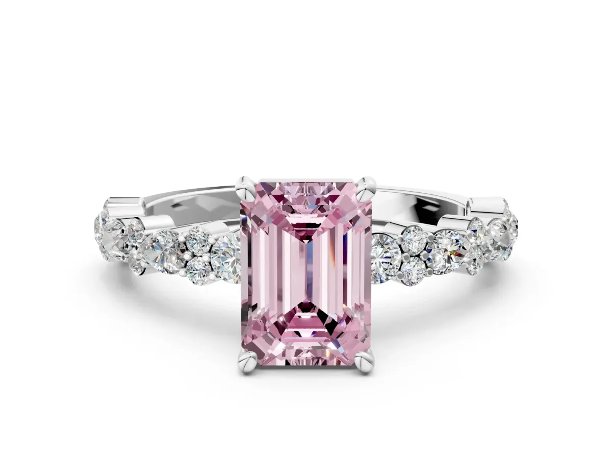 Fancy Pink Emerald Cut Diamond Side Stone Solitaire Ring with Round and Four-Prong Setting Platinum