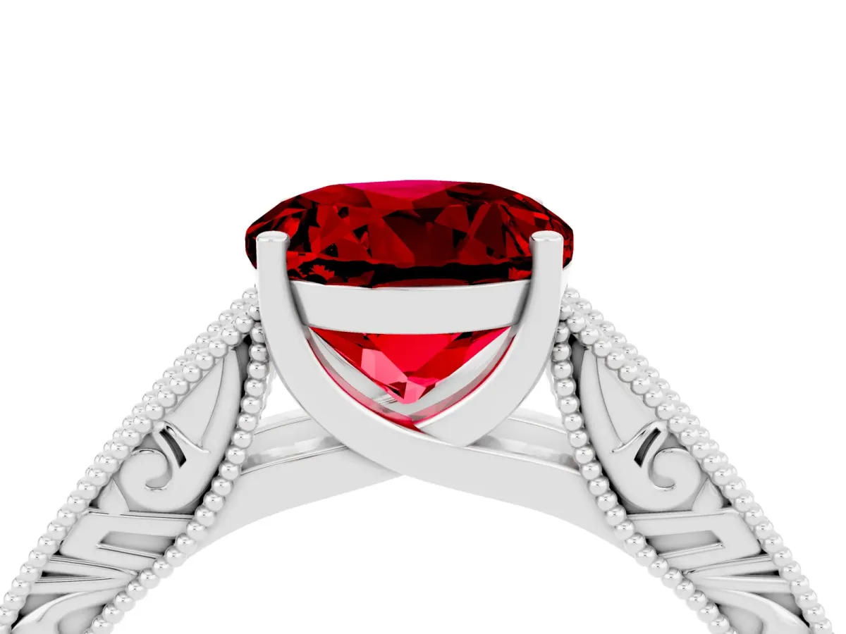 Round Cut Ruby Solitaire Ring with Engraved Band and Four-Prong Setting White gold