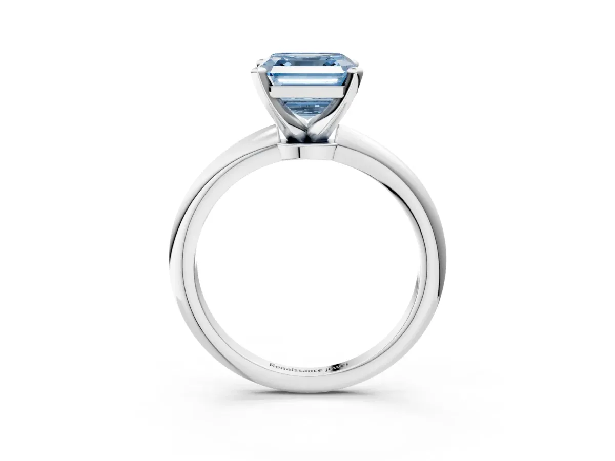 Fancy Blue Asscher Cut Diamond Solitaire Ring with Six-Prong Setting and Classic Band Silver
