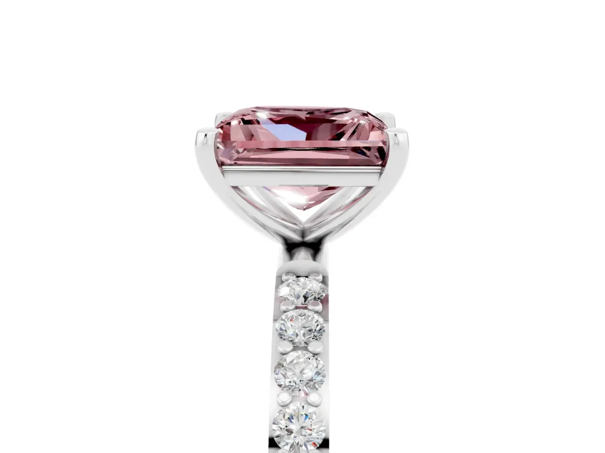 Princess Cut Morganite Solitaire Ring with Round Pavé Band and Prong Setting Silver