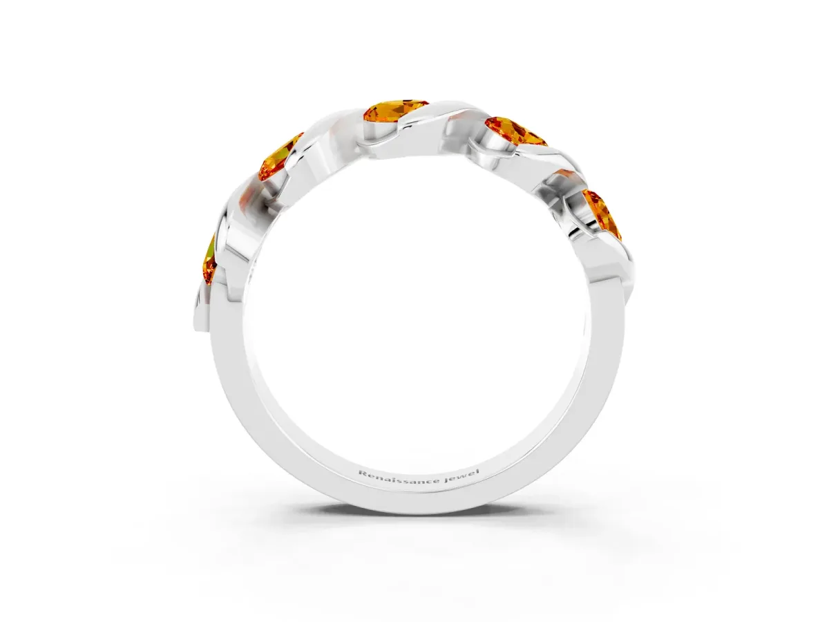 Round Citrine Wave Band with Channel Setting and Shared Prongs White gold