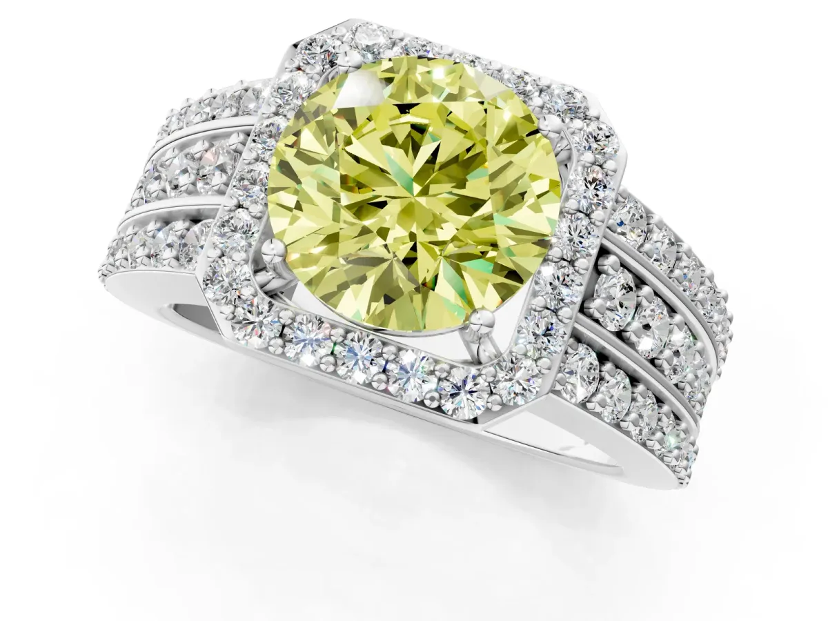 Fancy Yellow Round Cut Halo Diamond Ring with Round Split Shank and Prong Setting Platinum