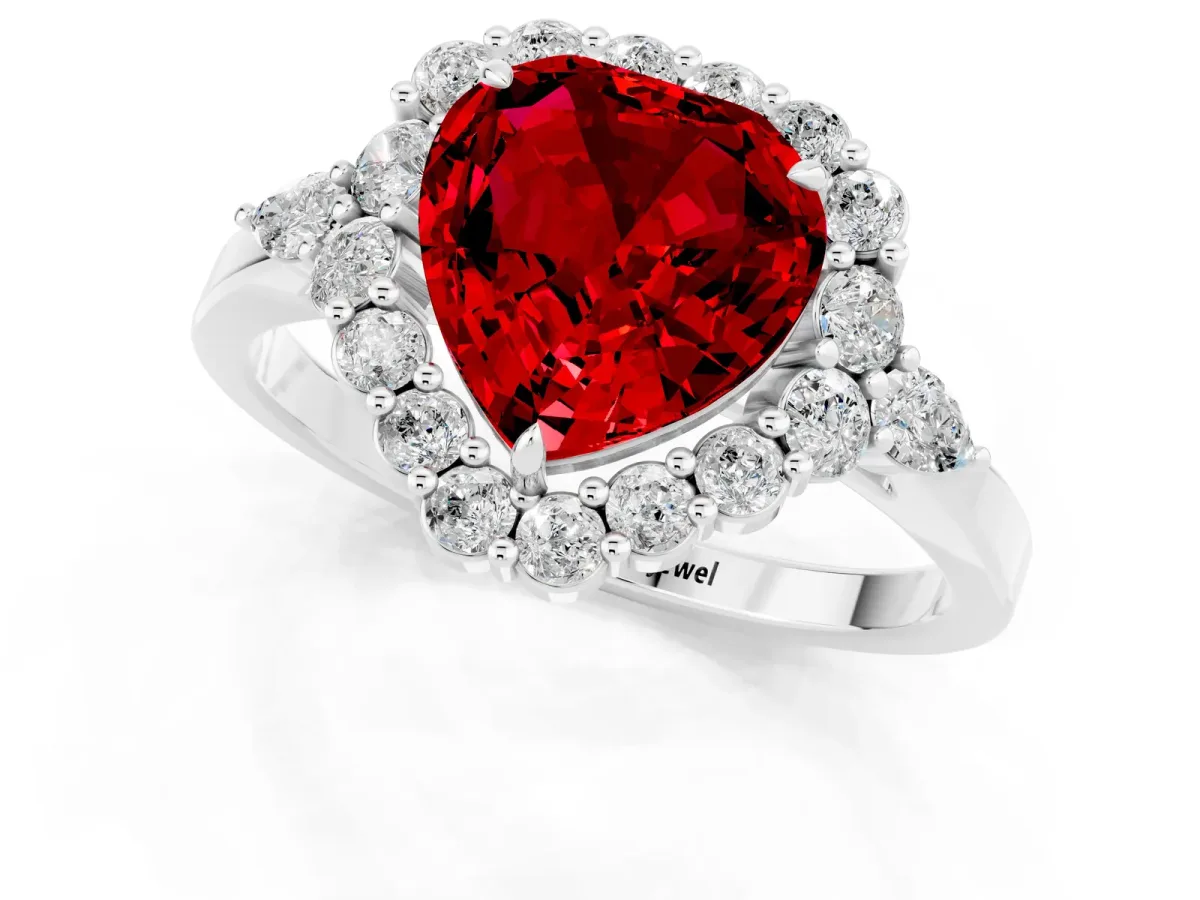 Heart Cut Ruby Halo Ring with Pear Side Stones and Prong Setting Silver