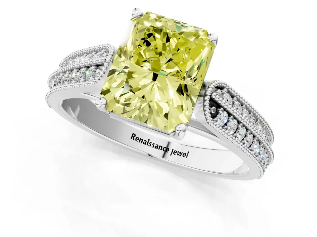 Fancy Yellow Radiant Cut Cut Pave Split Shank Engagement Ring with Four-Prong Setting Platinum