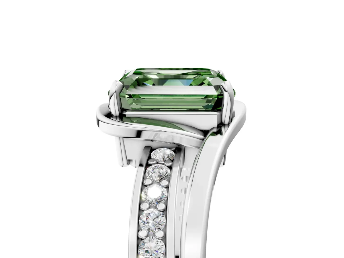 Fancy Green Asscher Cut Diamond Solitaire Ring with Split Shank and Prong Setting Platinum