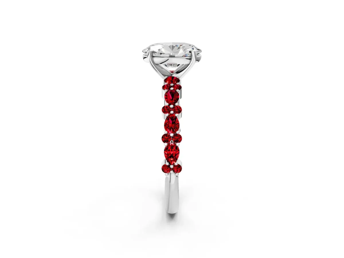 Oval Cut Diamond Side Stone Solitaire Ring with Round Ruby and Four-Prong Setting Silver