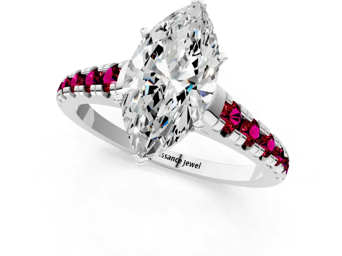 Marquise Cut Diamond Cathedral Solitaire Ring with Round Garnet Pavé Band Silver