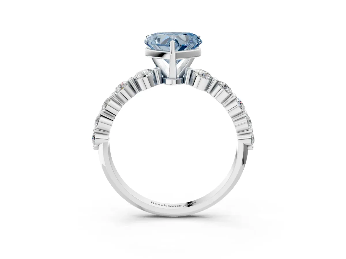 Fancy Blue Heart Cut Solitaire Diamond Ring with Pave Band and Four-Prong Setting Silver