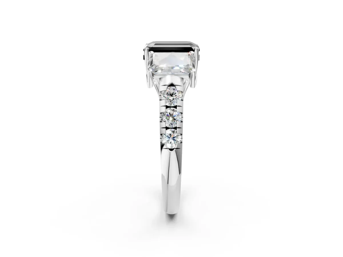 Fancy Black Three-Stone Emerald Cut Diamond Pavé Band with Prong Setting Platinum
