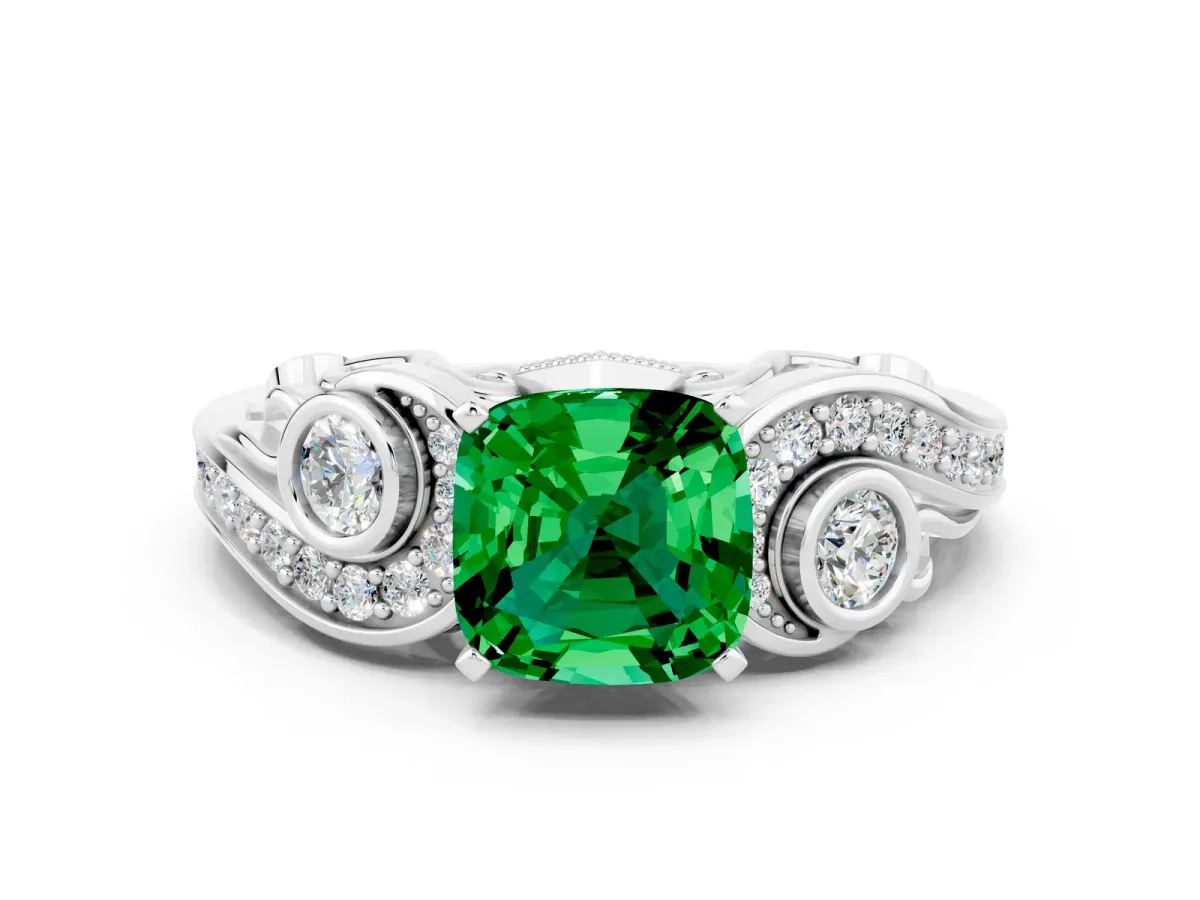 Cushion Cut Emerald Solitaire Ring with Milgrain Pavé Band and Four-Prong Setting Silver