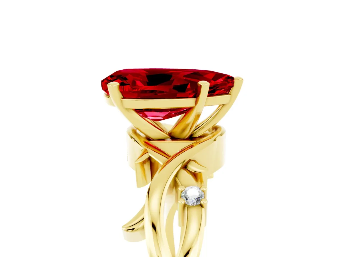 Pear Cut Ruby Solitaire Ring with Twisted Band and Prong Setting Yellow gold