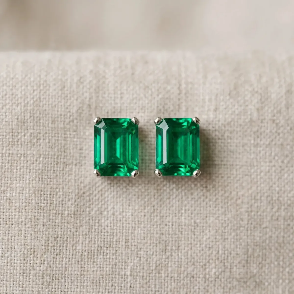 Emerald Cut Emerald Stud Earrings Silver
