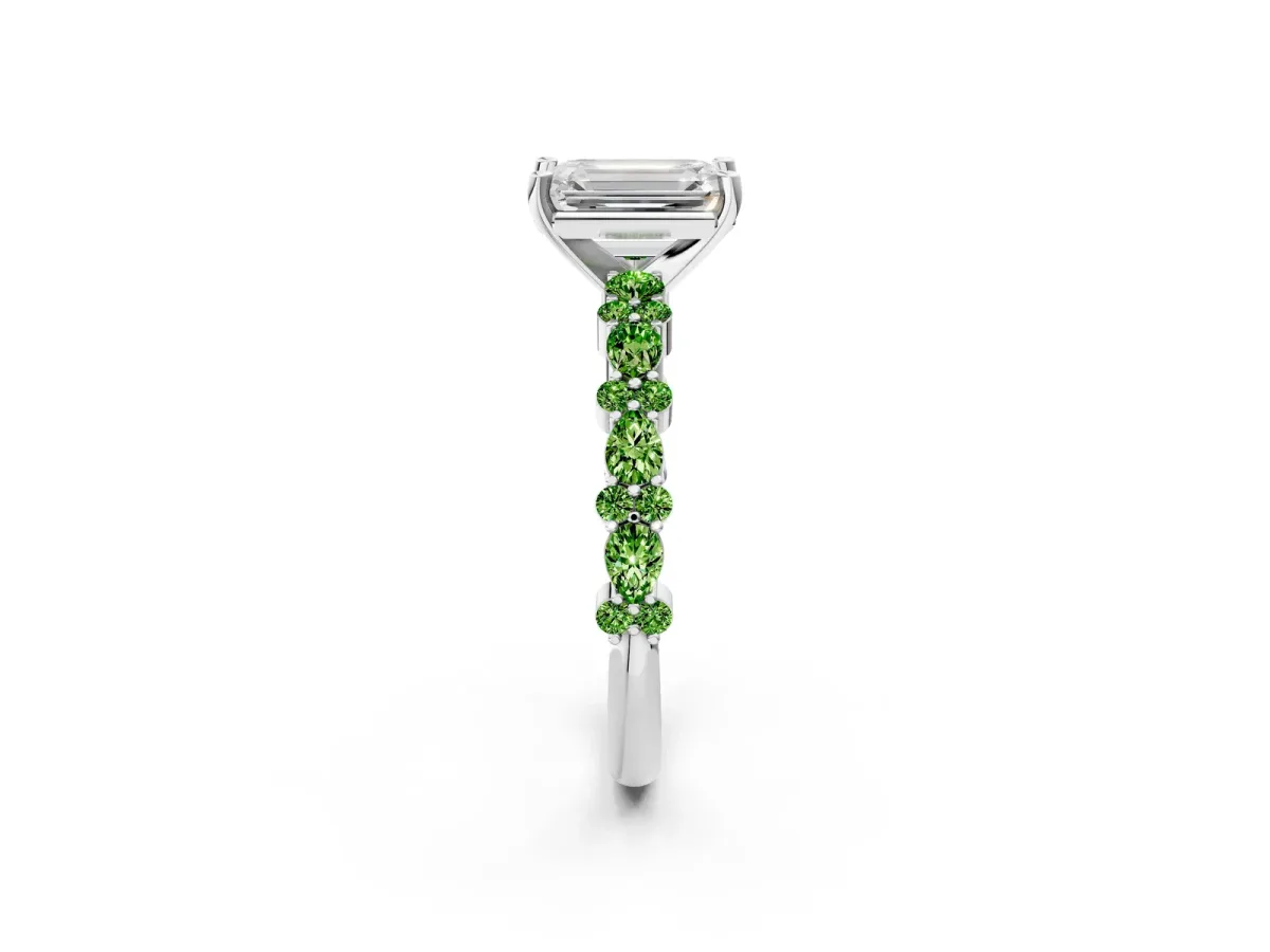 Emerald Cut Diamond Side Stone Solitaire Ring with Round Peridot and Four-Prong Setting Silver