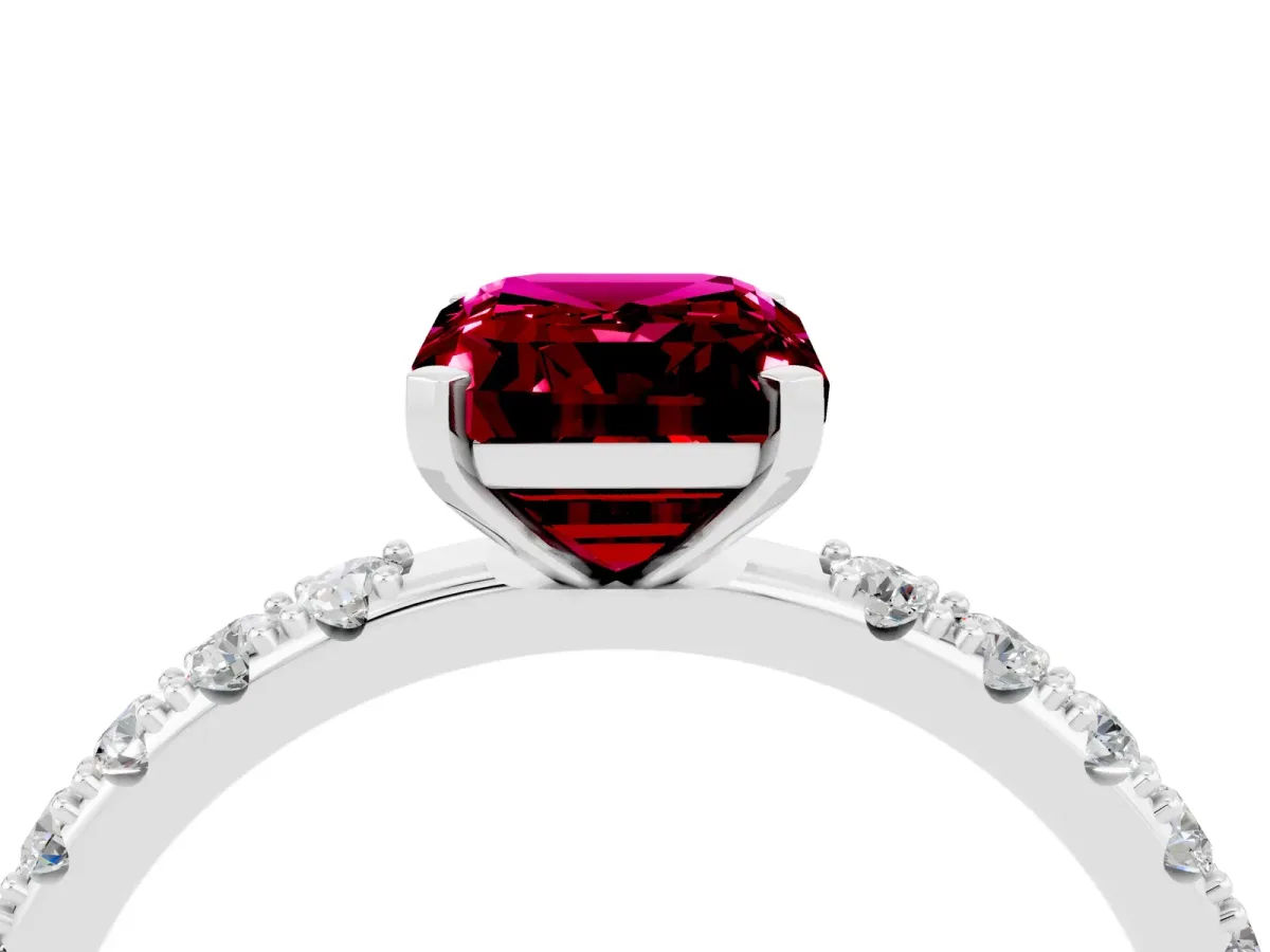 Emerald Cut Garnet Solitaire Pavé Band with Four-Prong Setting Silver