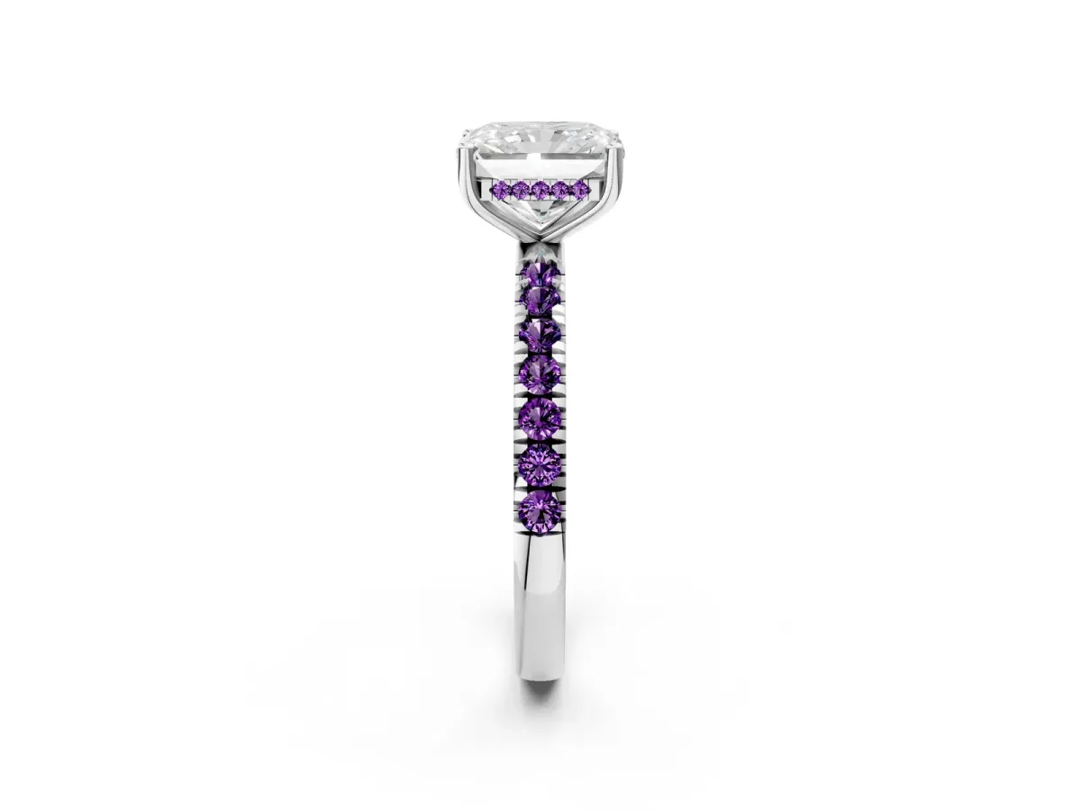 Radiant Cut Diamond Pave Band Solitaire Ring with Round Amethyst and Prong Setting Silver