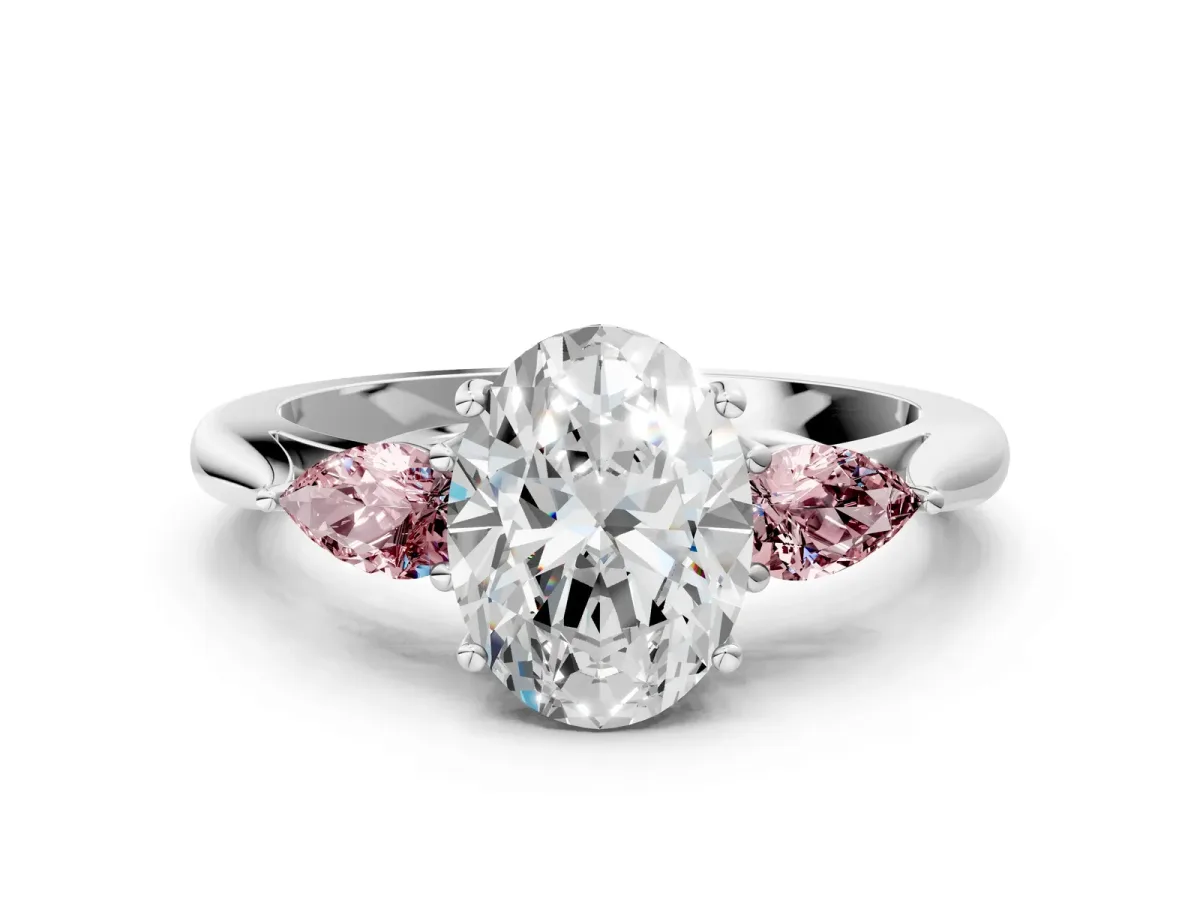 Oval Cut Diamond Three-Stone Ring with Pear Morganite Side Stones and Prong Setting Silver