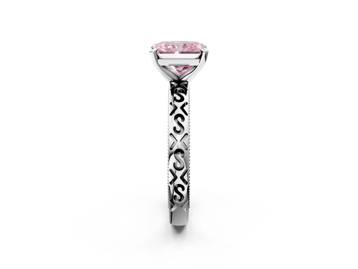 Fancy Pink Radiant Cut Solitaire Engagement Ring with Scrollwork Band and Four-Prong Setting Platinum