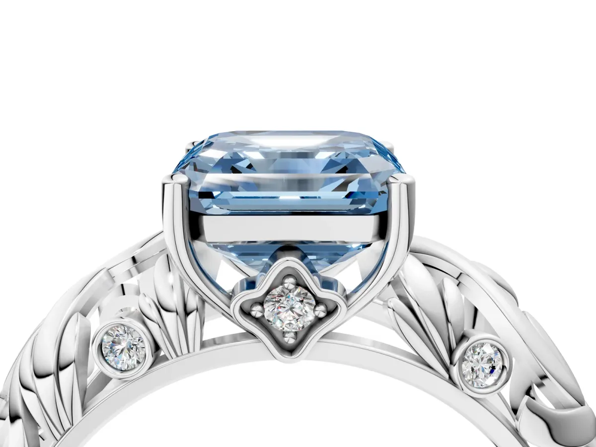 Fancy Blue Asscher Cut Solitaire Diamond Leaf-Inspired Vine Band Ring with Prong Setting Platinum