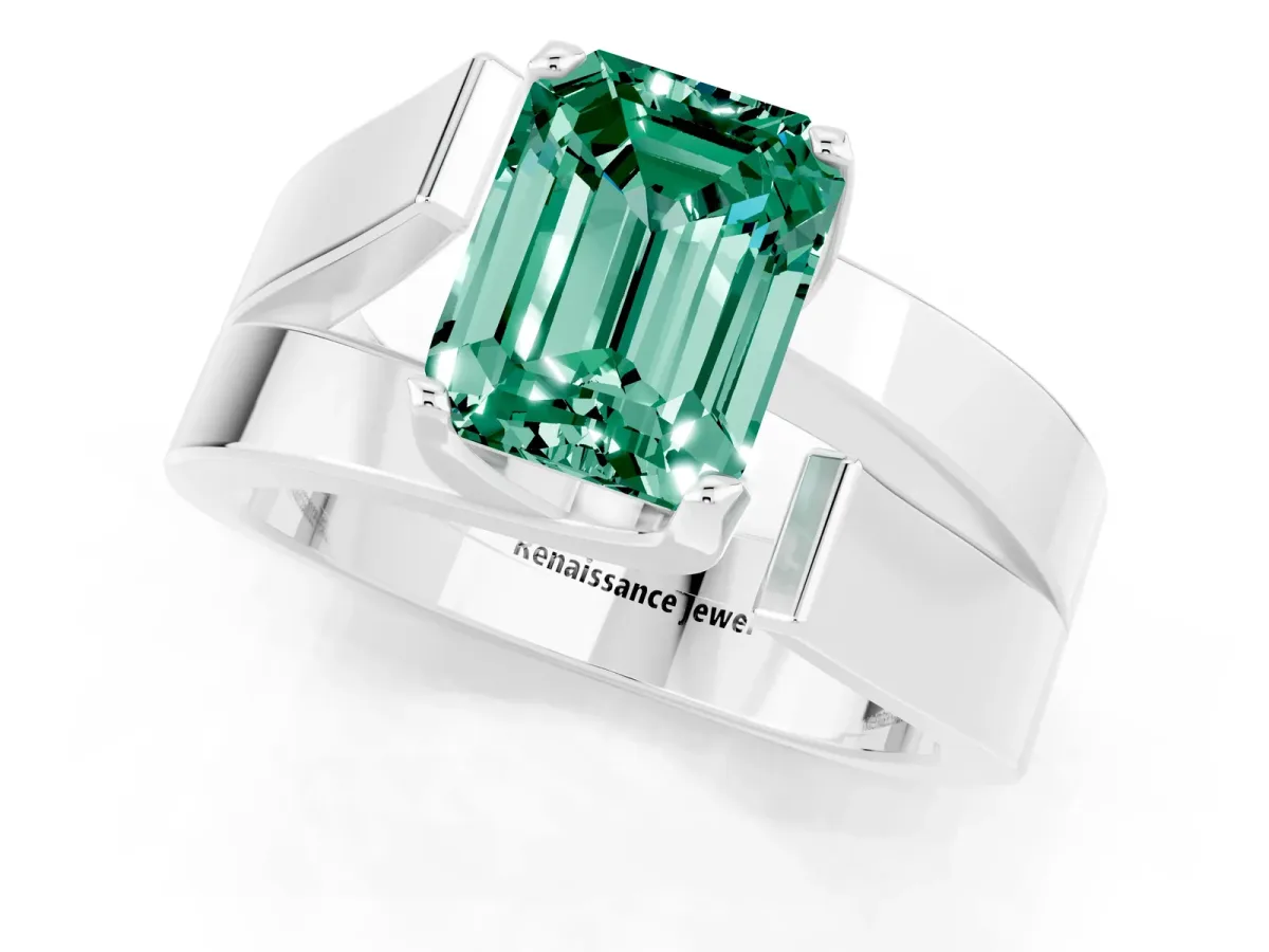 Modern Tension Set Emerald Cut Green Sapphire Solitaire Wide Band Ring Silver