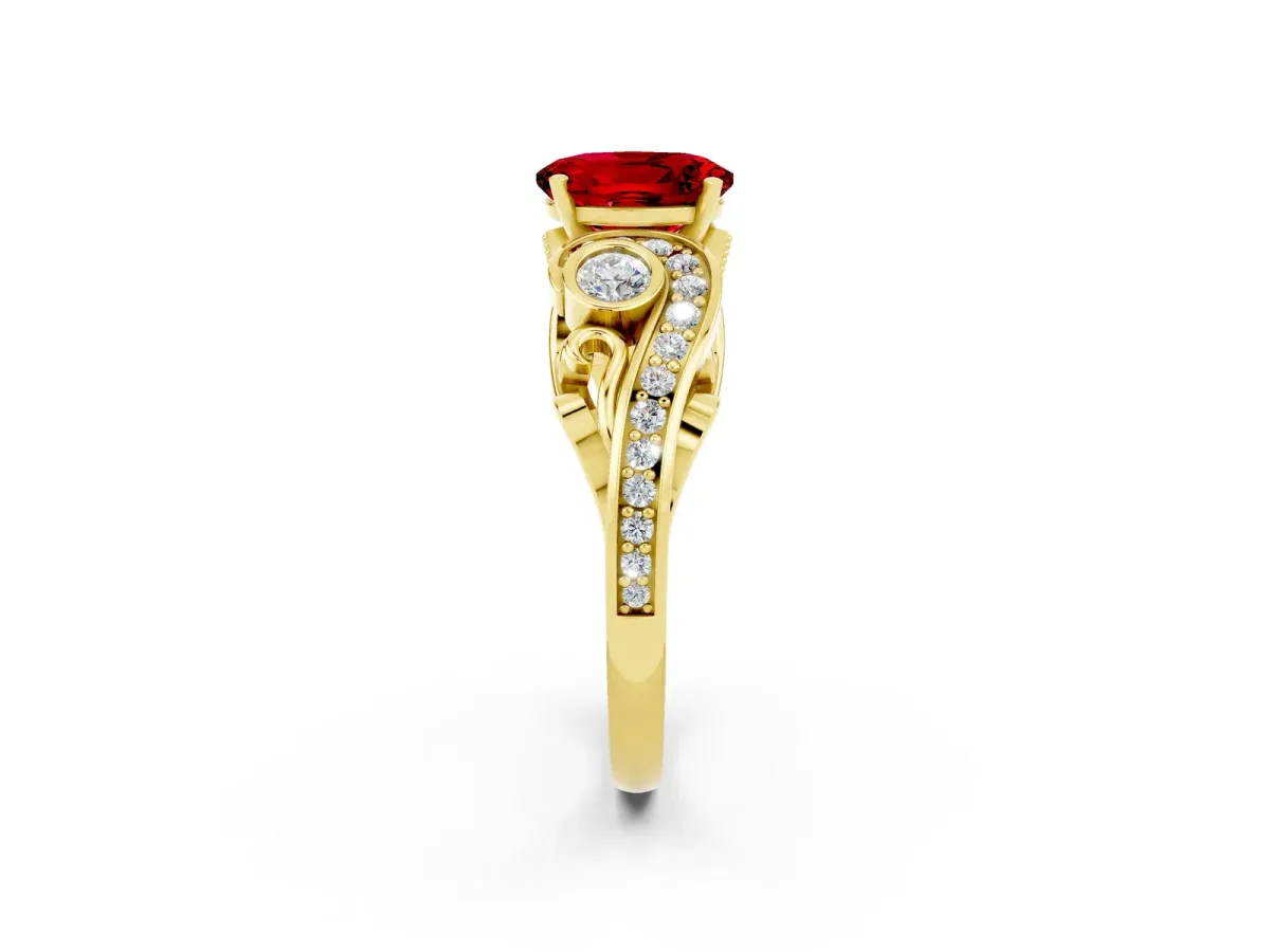 Oval Cut Ruby Solitaire Ring with Milgrain Pavé Band and Four-Prong Setting Yellow gold