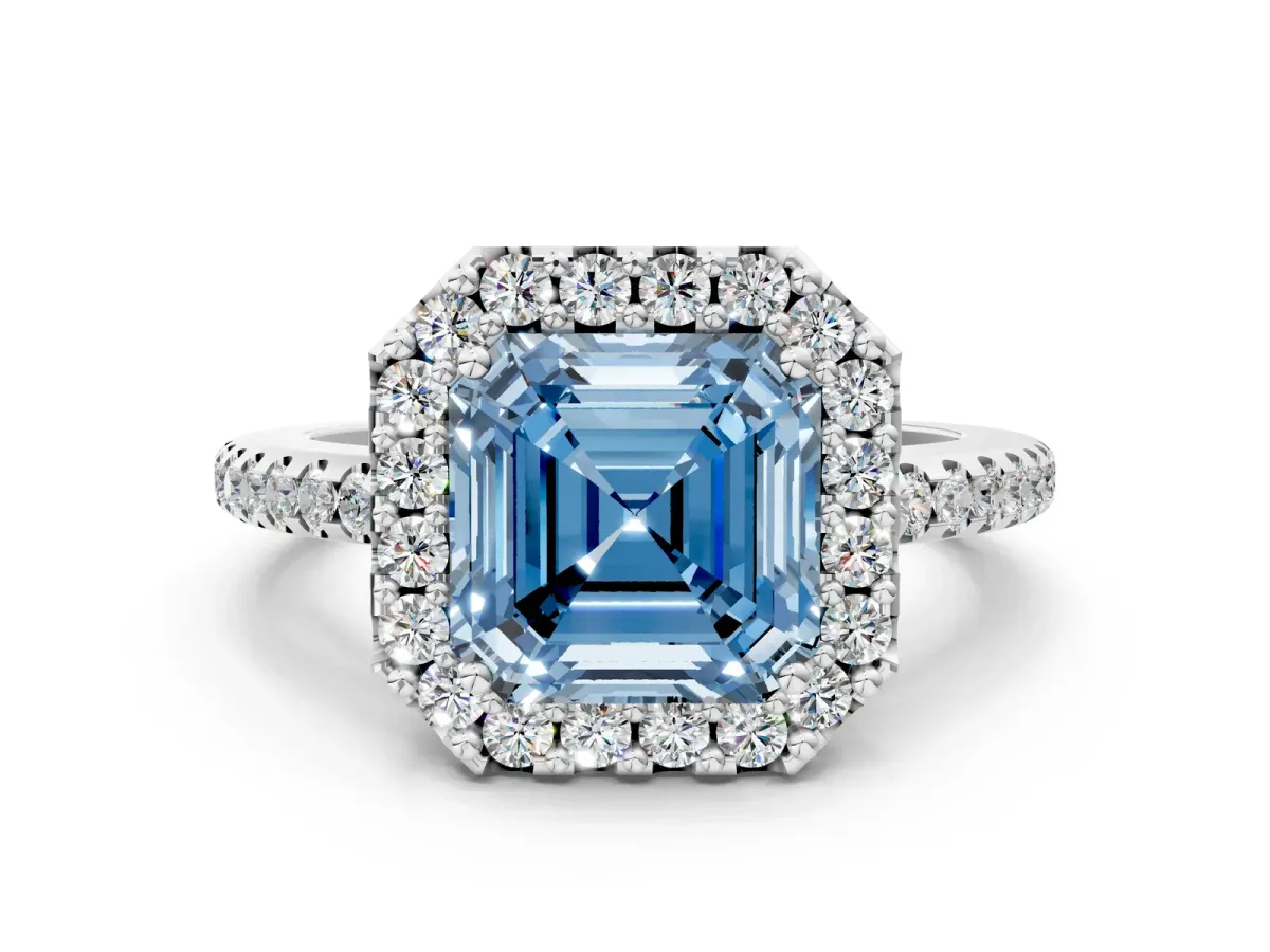 Fancy Blue Asscher Cut Diamond Pavé Halo Ring with Four-Prong Setting Platinum