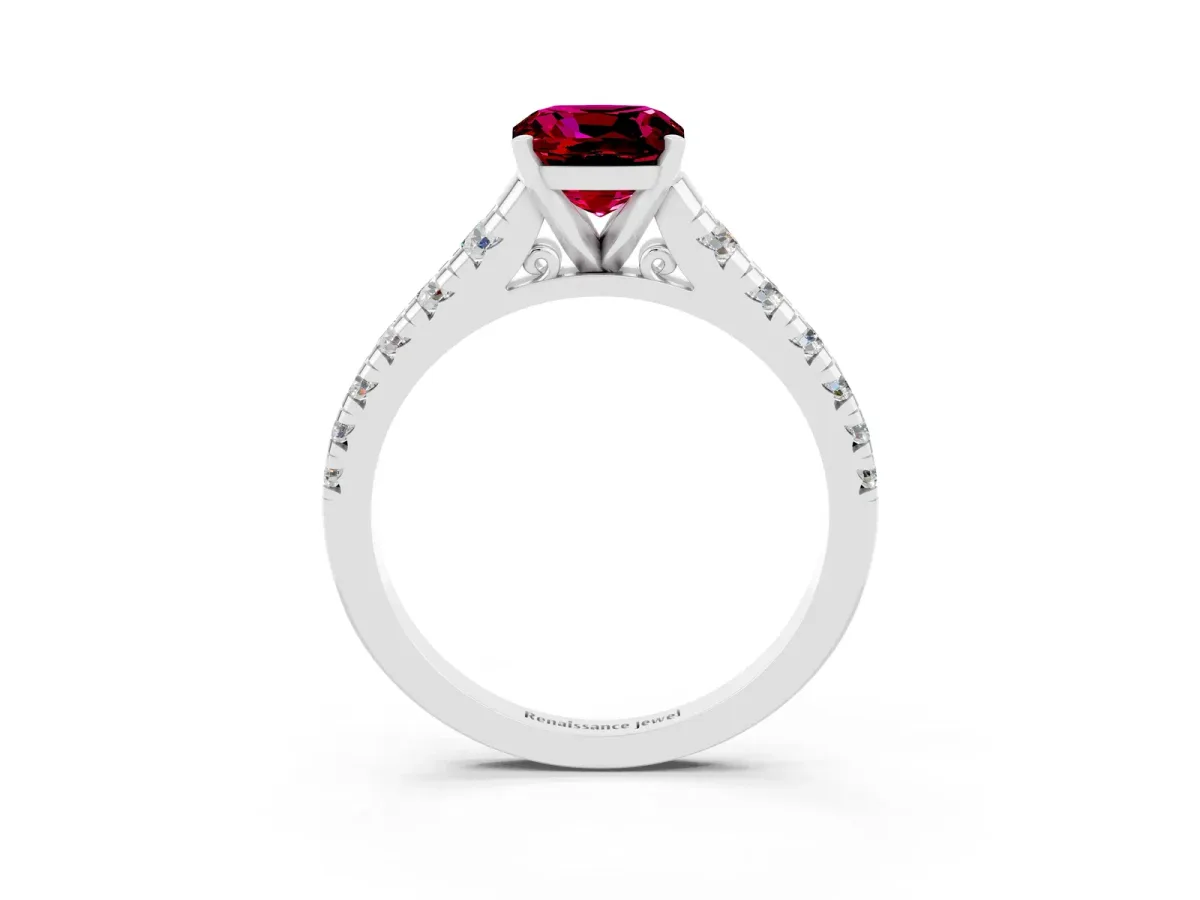 Cushion Cut Garnet Cathedral Solitaire Ring with Round Pavé Band Silver