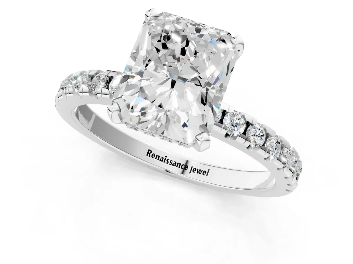 Radiant Cut Diamond Solitaire Ring with Round Pavé Band and Four-Prong Setting Silver
