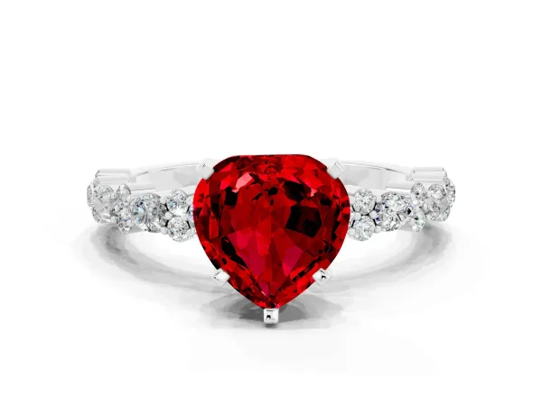 Heart Cut Ruby Side Stone Solitaire Ring with Round and Four-Prong Setting Platinum