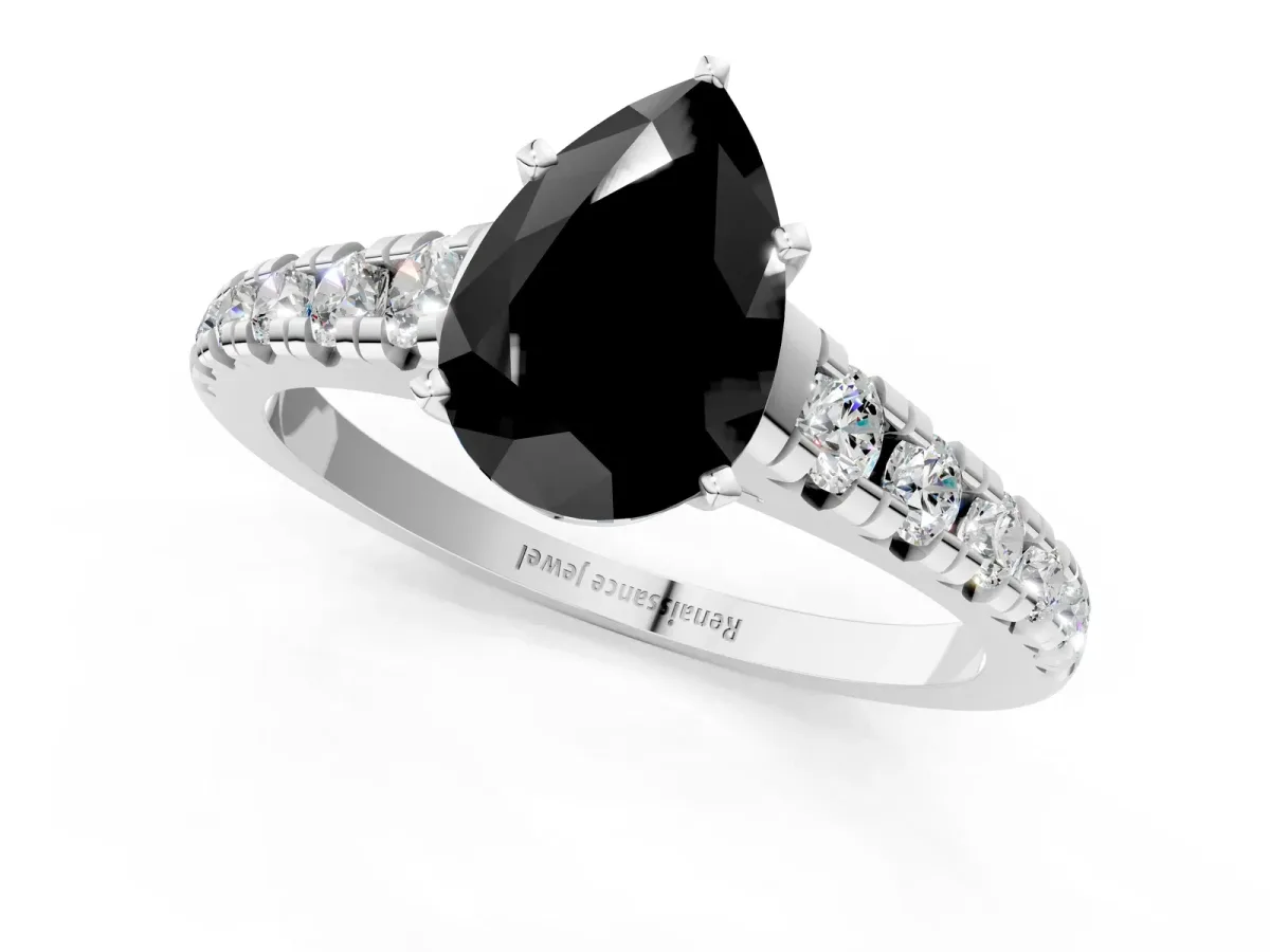 Fancy Black Pear Cut Diamond Cathedral Solitaire Ring with Round Pavé Band Silver