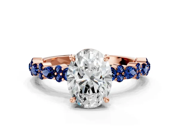 Oval Cut Diamond Side Stone Solitaire Ring with Round Blue Sapphire and Four-Prong Setting Rose gold