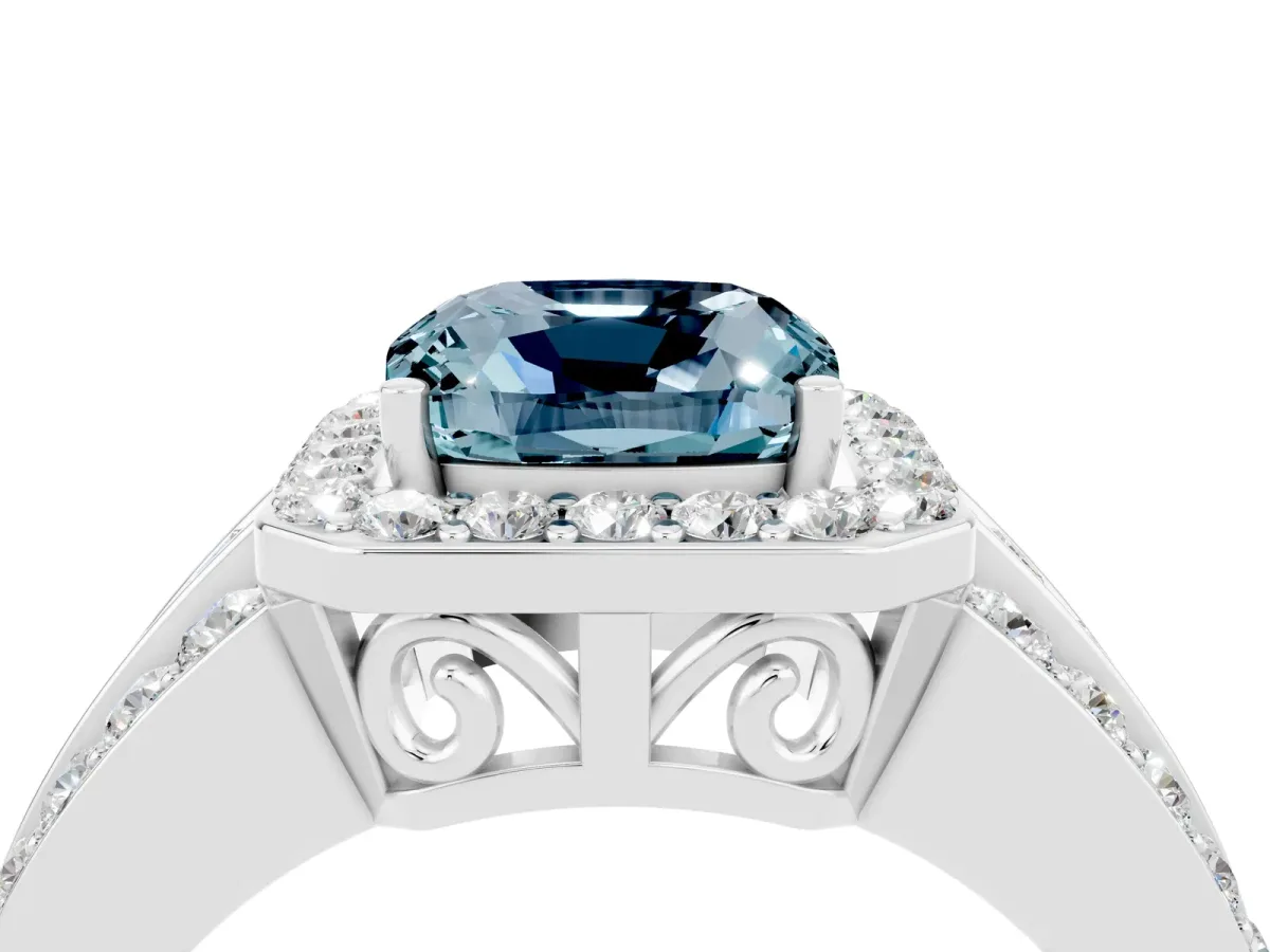 Cushion Cut Halo Aquamarine Ring with Round Split Shank and Prong Setting Silver