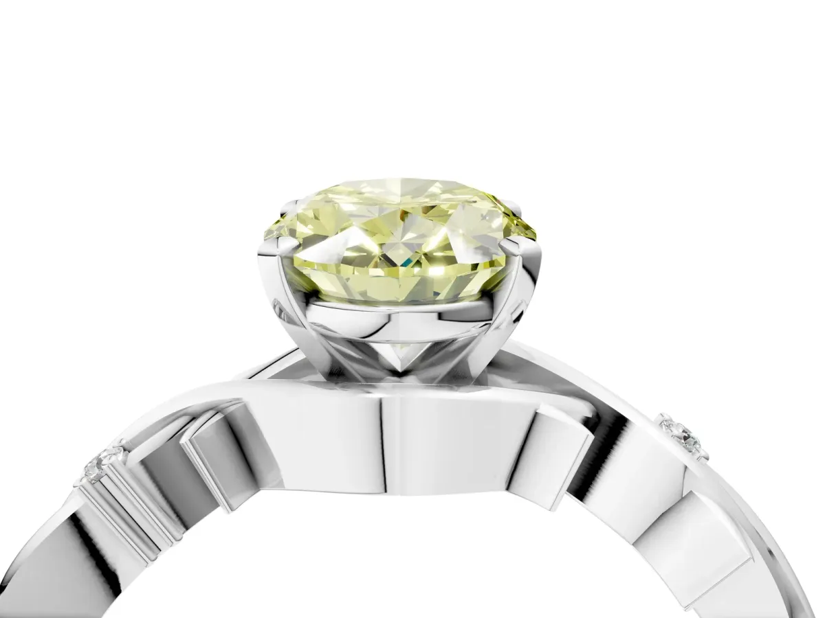 Fancy Yellow Oval Cut Diamond Solitaire Ring with Twisted Band and Prong Setting Platinum