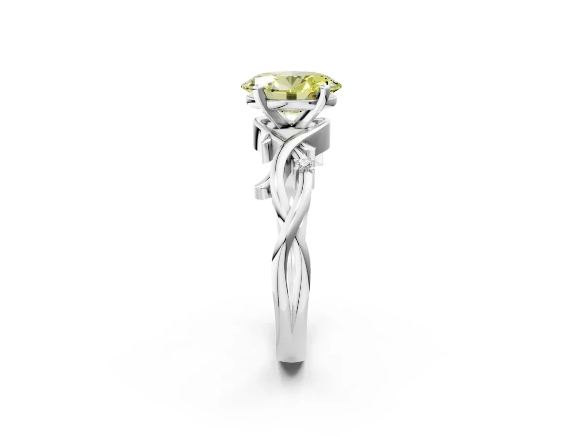 Fancy Yellow Oval Cut Diamond Solitaire Ring with Twisted Band and Prong Setting Platinum