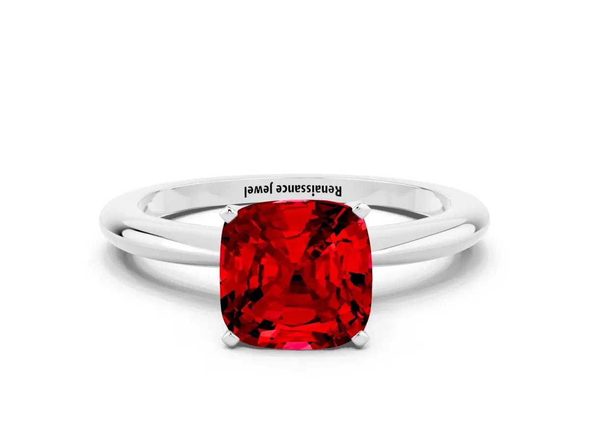 Cushion Cut Ruby Solitaire Ring with Six-Prong Setting and Classic Band Silver