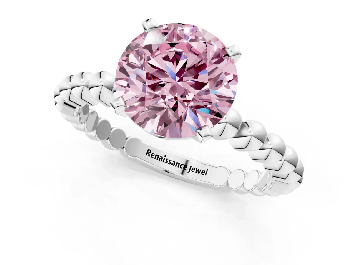 Fancy Pink Round Cut Diamond Solitaire Ring with Beaded Band and Prong Setting Silver