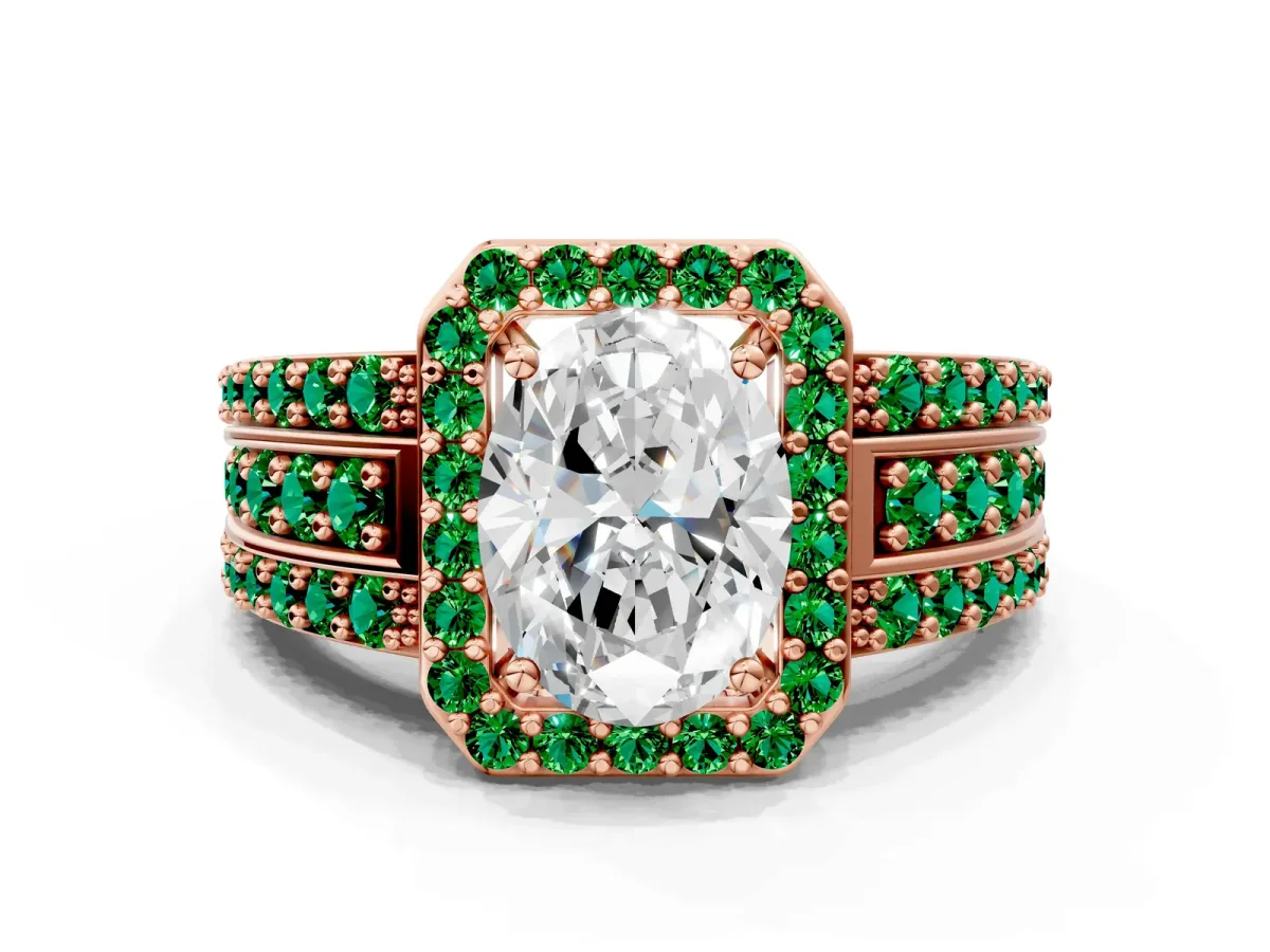 Oval Cut Halo Diamond Ring with Round Emerald Split Shank and Prong Setting Rose gold